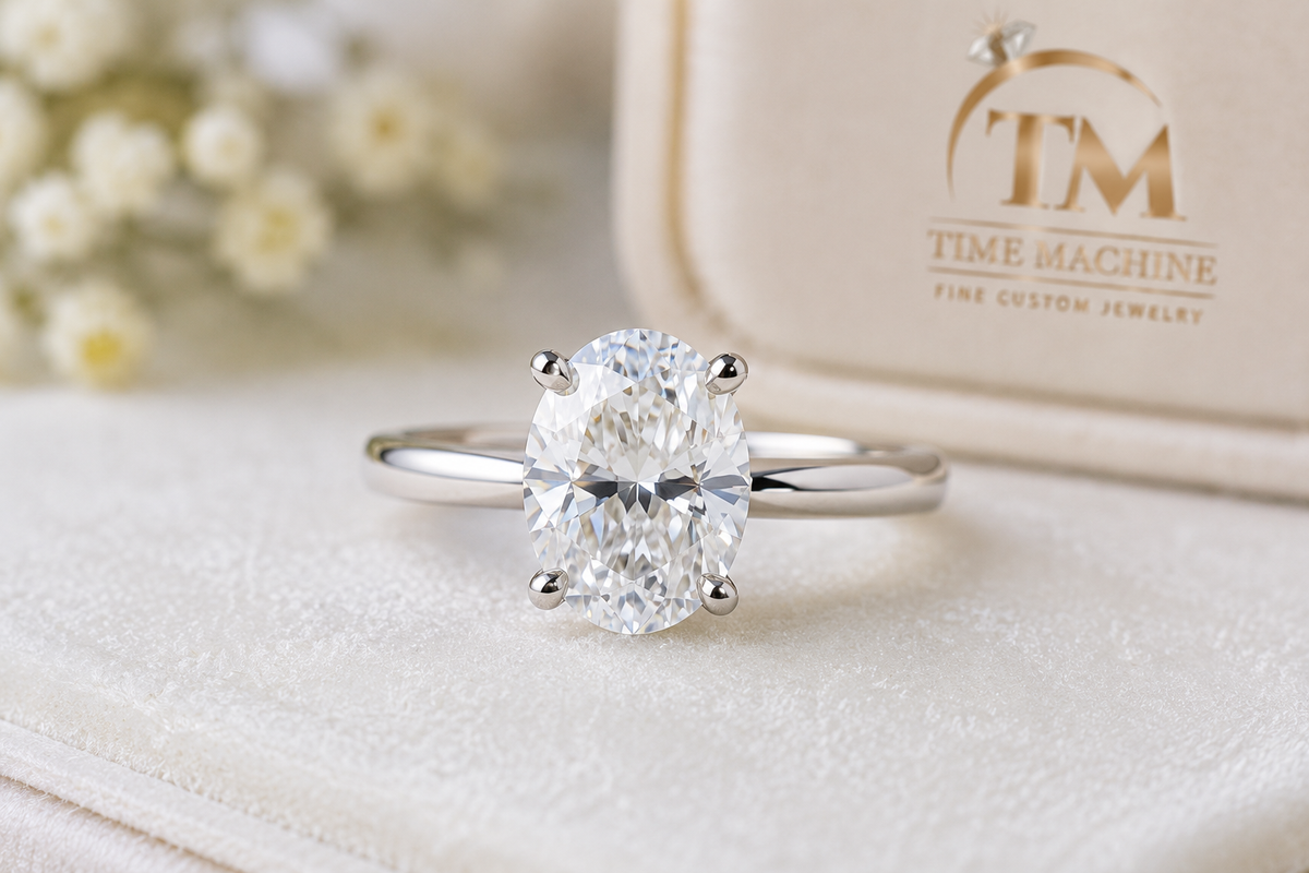 Luxury oval-cut lab diamond engagement ring in white gold by Time Machine Kiosk in Hanover, Maryland.