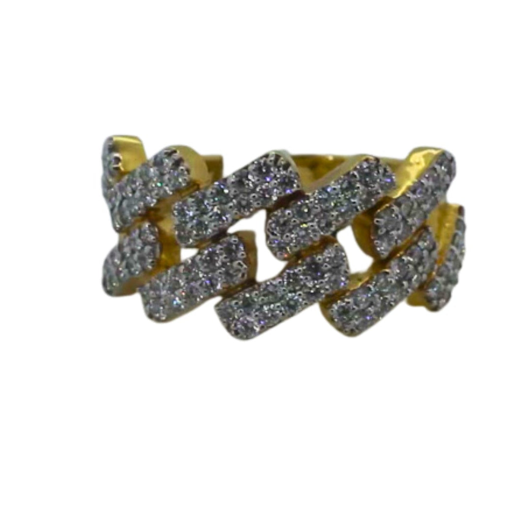 Gold and silver ring with interlocking design on a white background