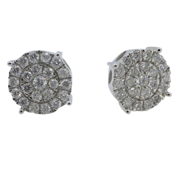 Pair of silver earrings with gemstones on a white background