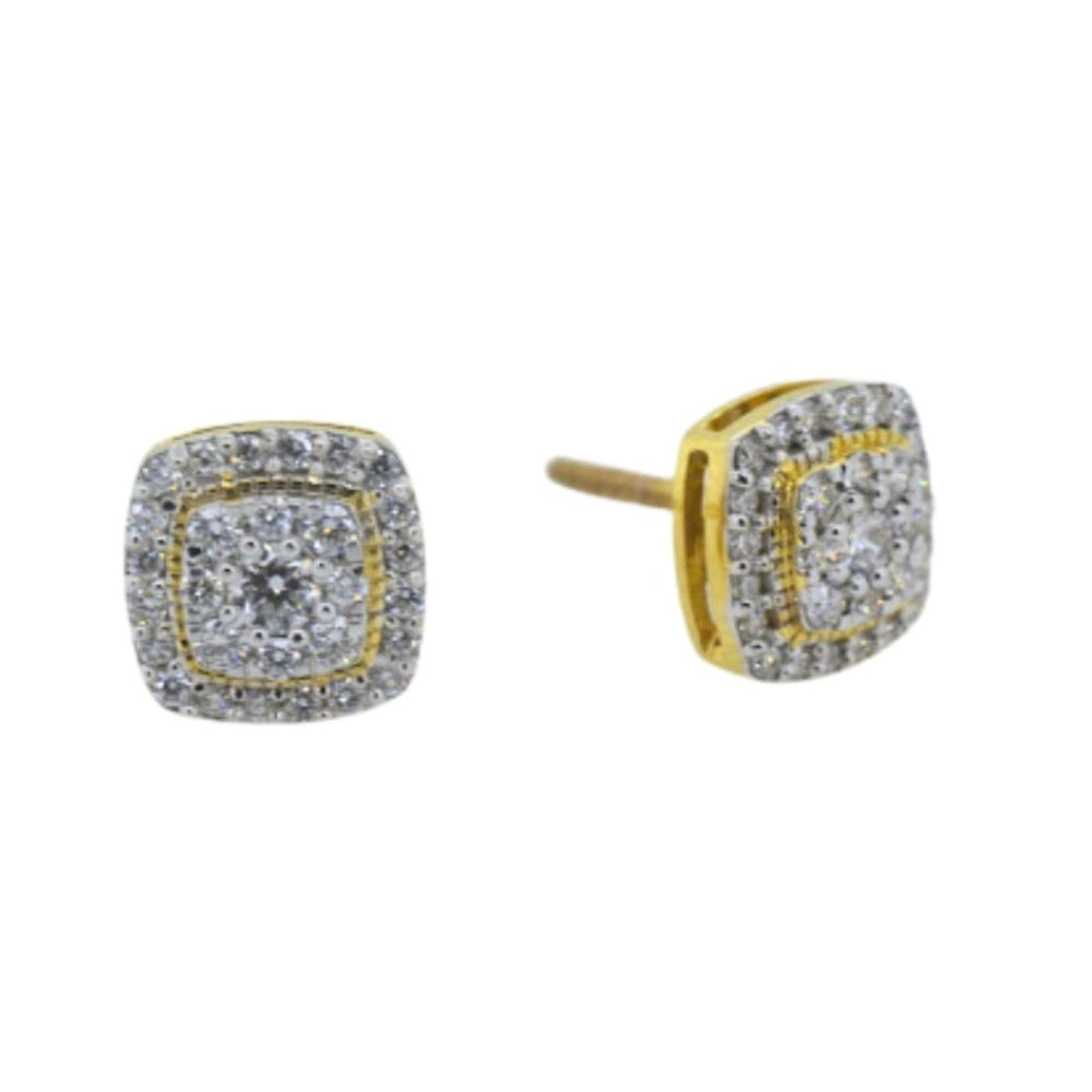 Pair of gold and silver square-shaped earrings on a white background
