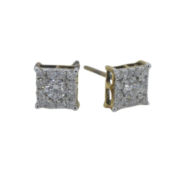 Pair of square stud earrings with glittery finish on a white background