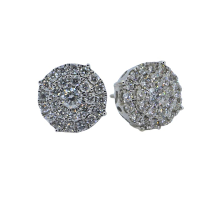 Pair of round silver earrings on a white background
