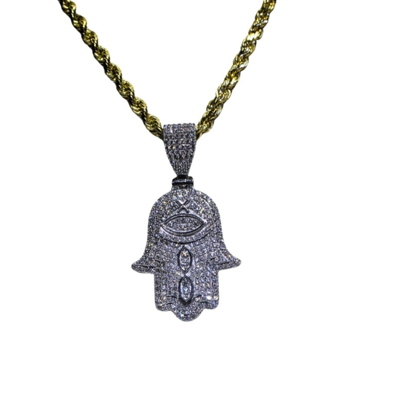 Hamsa hand pendant necklace on a white background