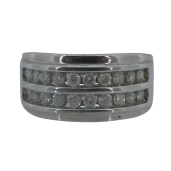 Stack of silver rings with embedded stones on a white background