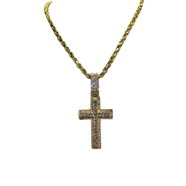Gold necklace with a cross pendant on a white background