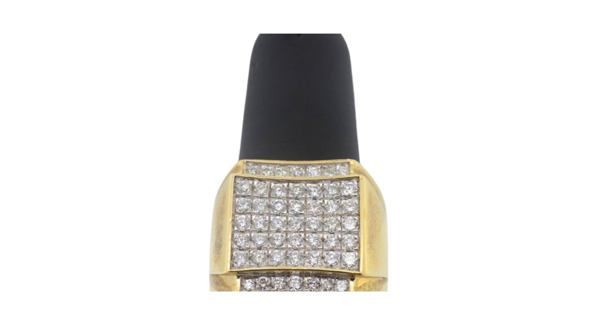 Gold ring with diamond accents on a white background