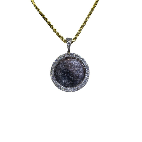 Round pendant necklace with chain on a white background