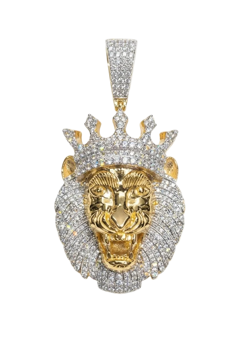 10K Yellow Gold Natural Diamond Crowned Lion Pendant | 2.80 CT Diamond Lion King Pendant