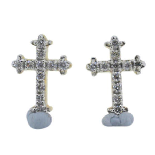 Pair of cross-shaped earrings with small round stones on a white background