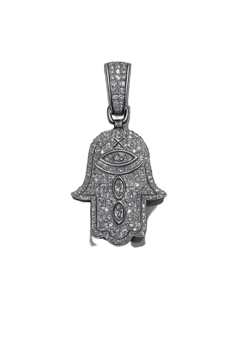 10K White Gold Natural Diamond Hamsa Hand Pendant | 1.50 CT Diamond Evil Eye Pendant